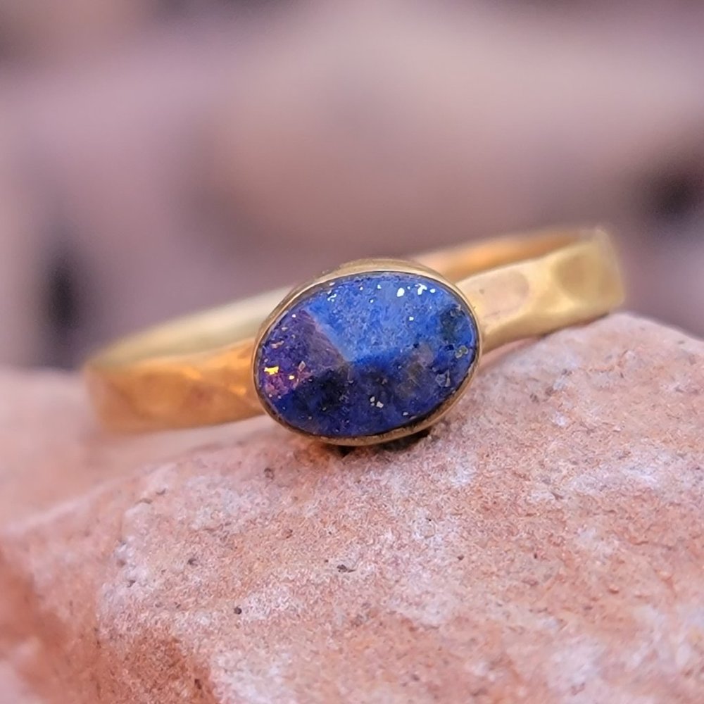 Stunning artisan handmade hammered brass lapis lazuli ring